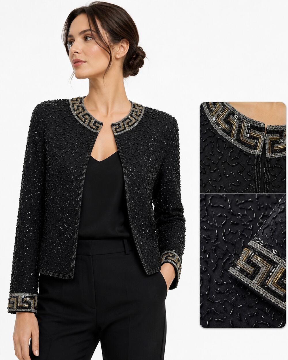 90s Y2K Black Heavily Beaded Silk Jacket Gold Silver Greek Key